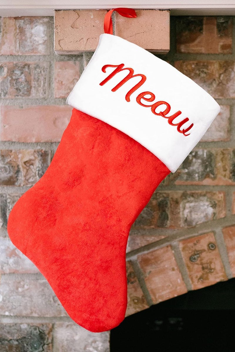 Pear Head Meow Cat Christmas Stocking, Classic Style Pet Holiday Stocking, Red and White Pet Stocking - Image 3